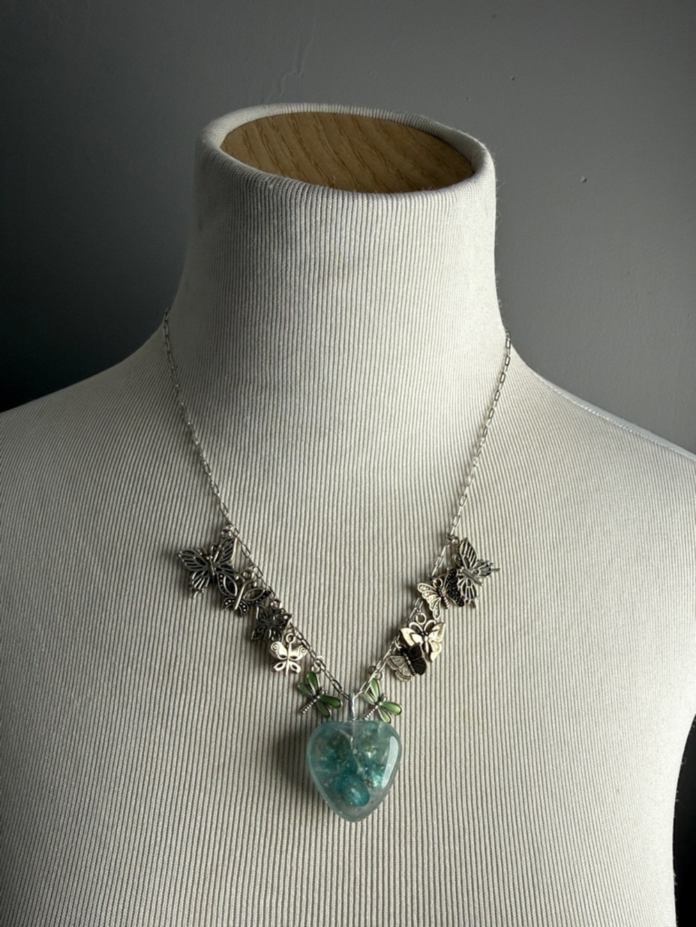 Silver Butterfly Necklace with aquamarine chip resin Pendant